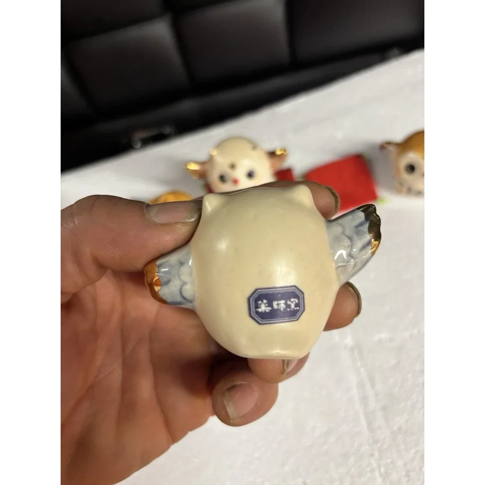 Vintage Yakushigama Japan Pottery Owls Set 5 Pcs Lucky Fukurou Fortune Decor⁠